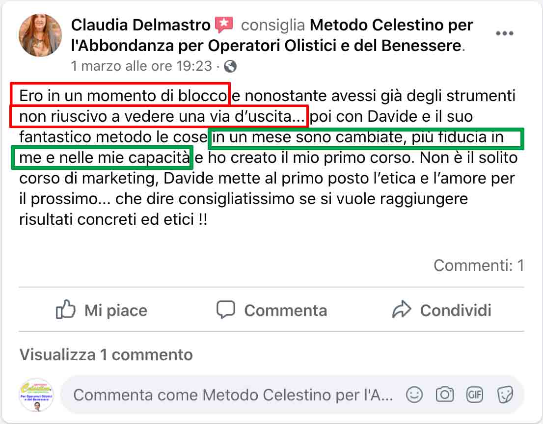 Testimonianza di Claudia Delmastro sul Metodo Celestino